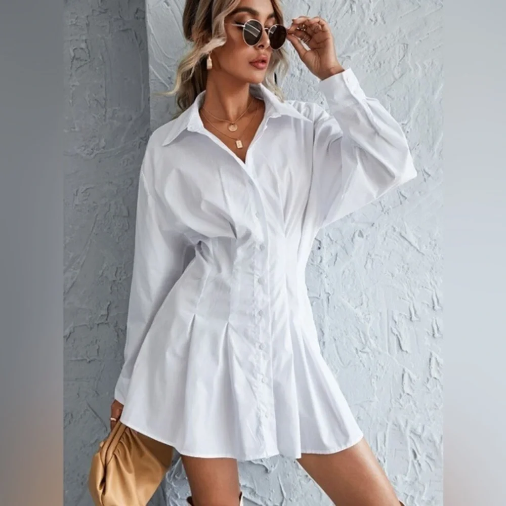 Shein White Oversized Button Up Collared Shirt Dress Sheer Womens Size 2 - Picture 1 of 9